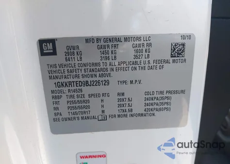 2011 GMC Acadia Denali z USA, uszkodzony, nr VIN 1GKKRTED9BJ226129